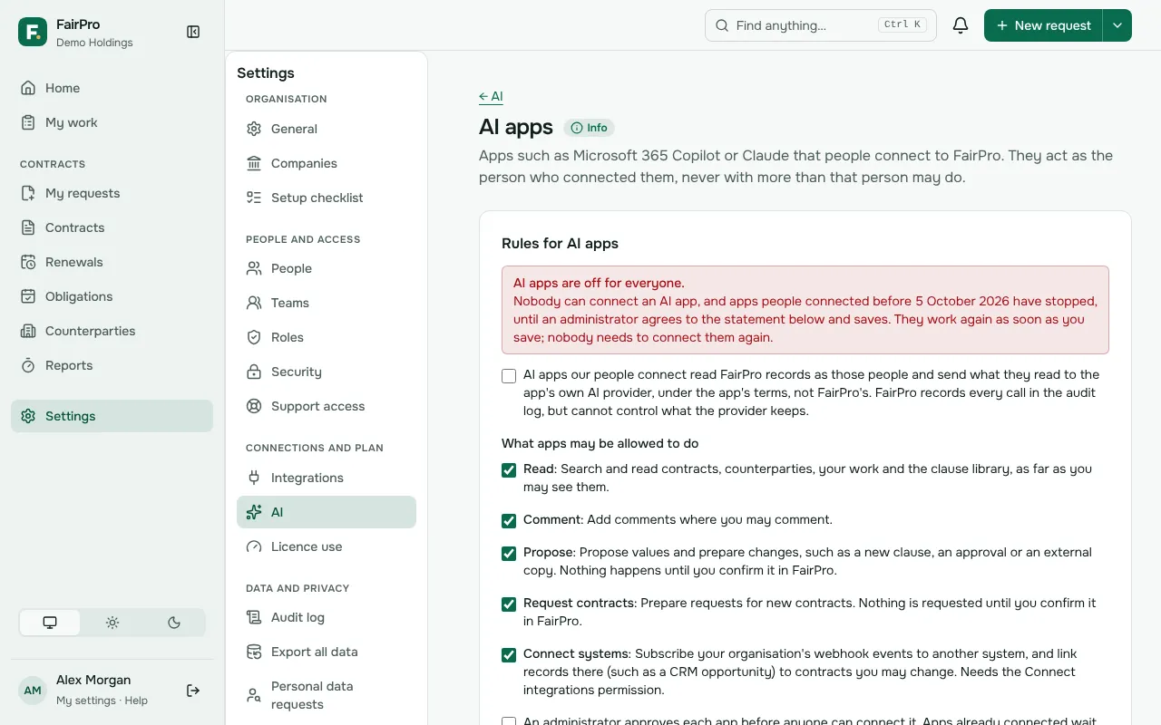 The AI apps settings, with the rules for what AI apps may be allowed to do