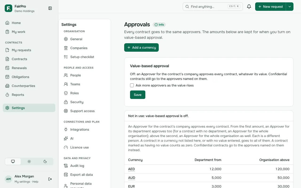 The Approvals settings, with value-based approval and the amounts for each currency