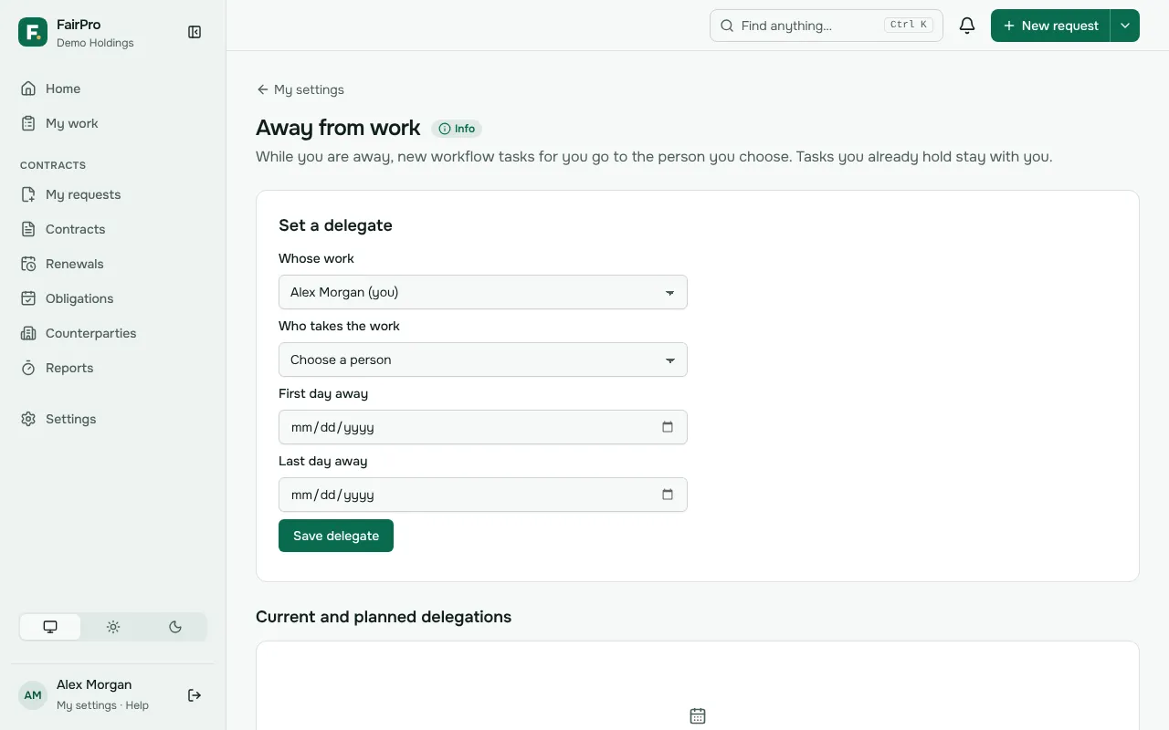 Away from work in My settings, where you choose who takes your work and the days you are away