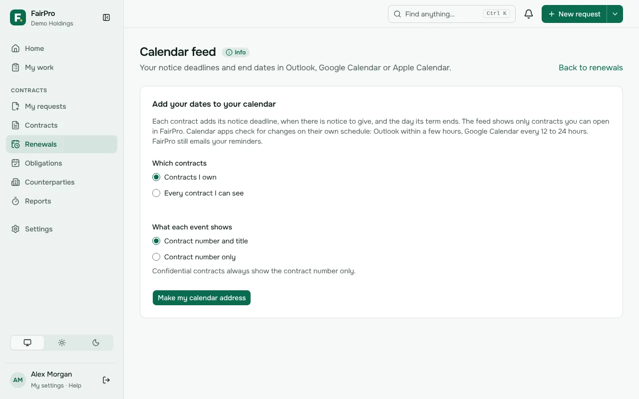 The calendar feed page, with the address to add to your calendar
