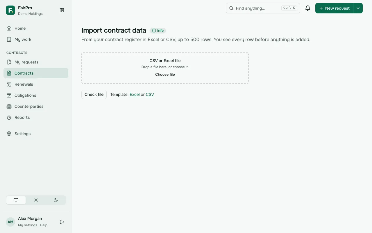 The Import contract data page, where you upload your contract register