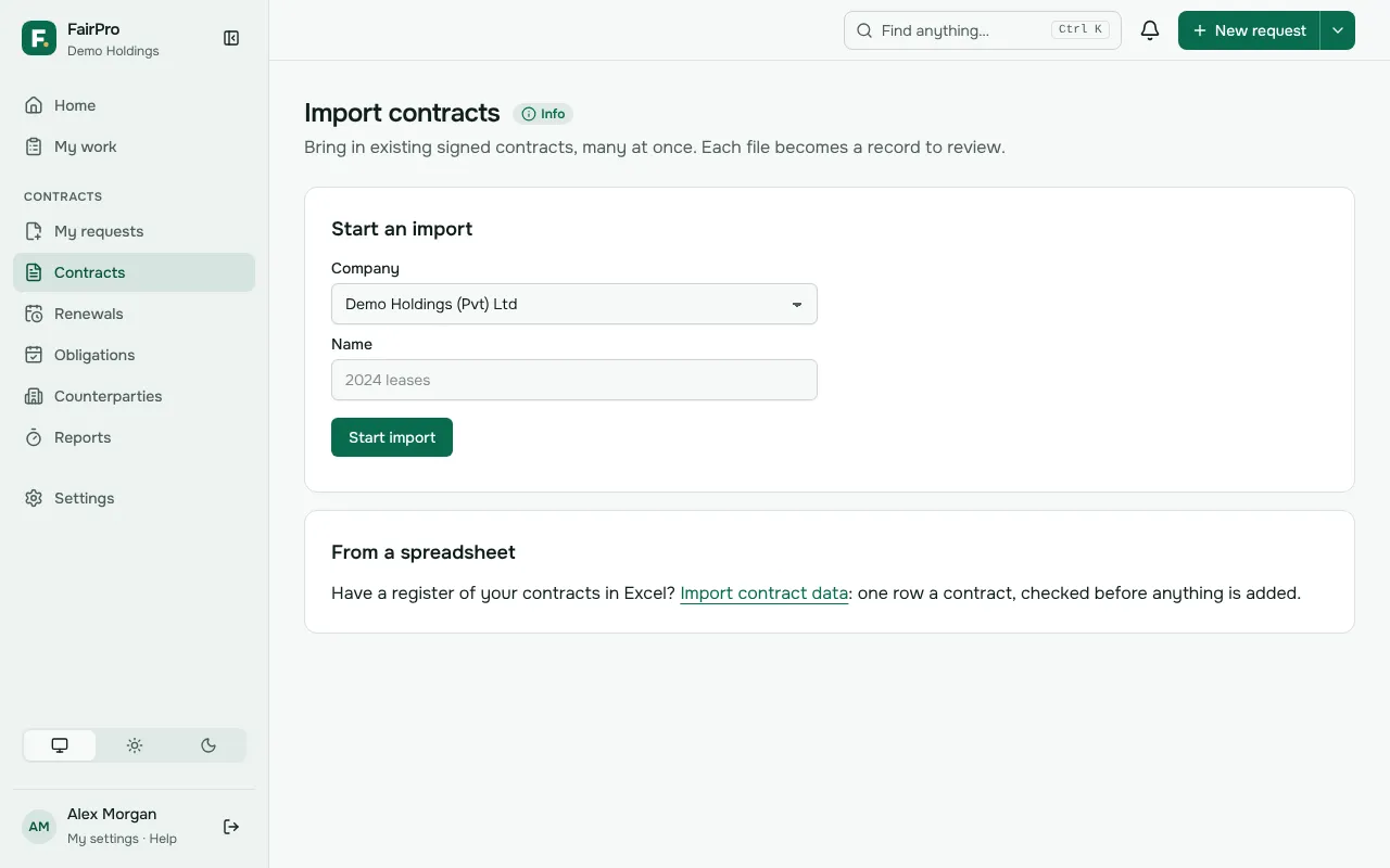 The Import contracts page, with Start an import and From a spreadsheet