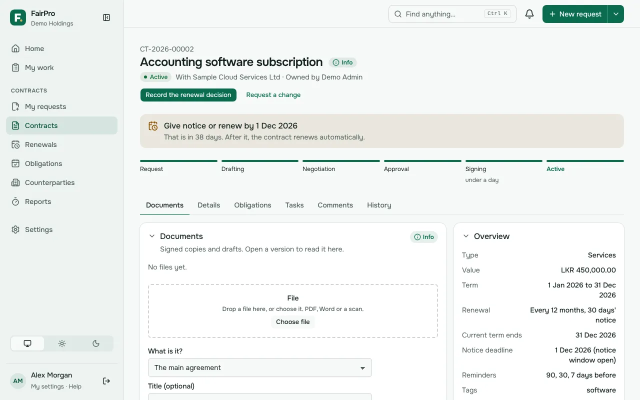 A contract’s page, with its stages, the Documents tab and the Overview