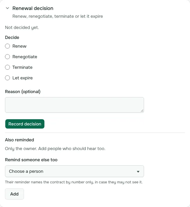 The Renewal decision card on a contract’s Details tab