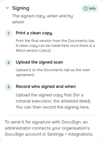 The Signing card on a contract, taking you through signing on paper