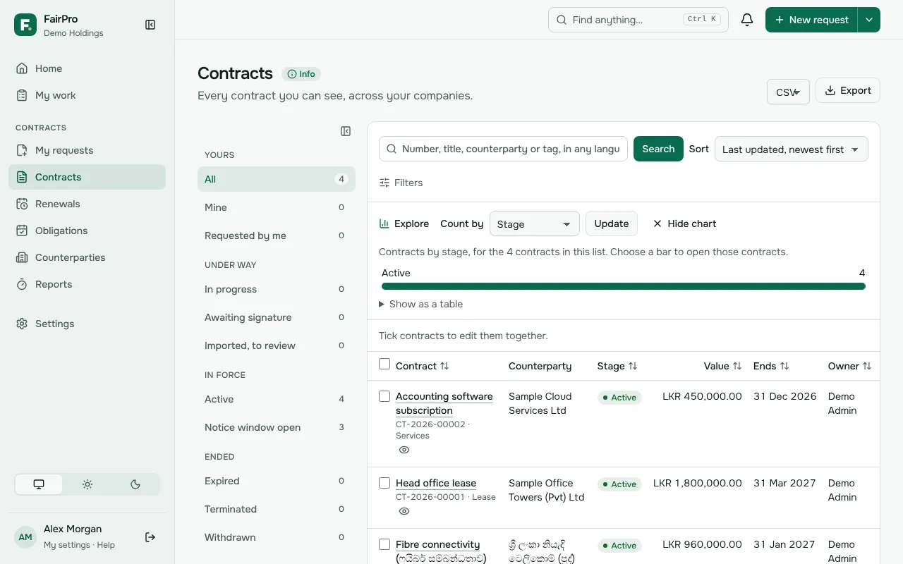 The Contracts list with Explore open, counting contracts by stage