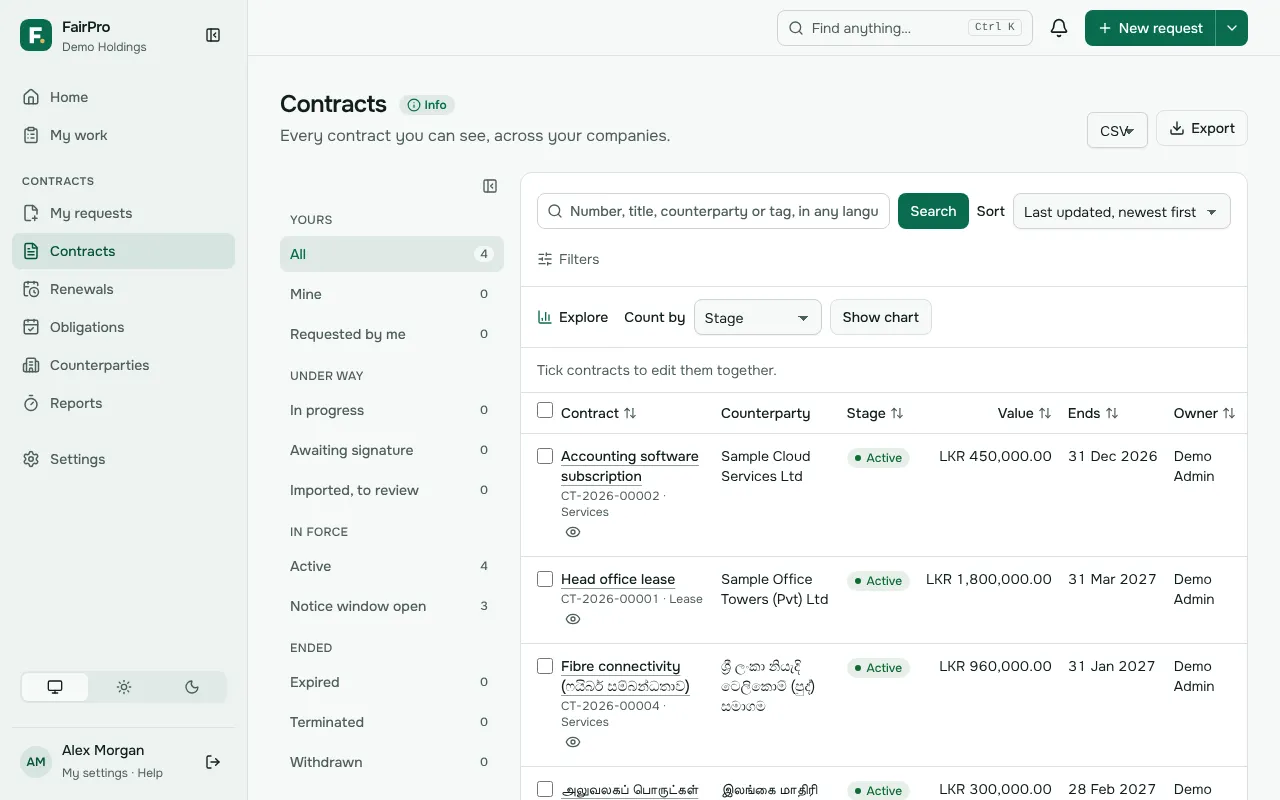 The Contracts list with its views on the left, the search box and the filters
