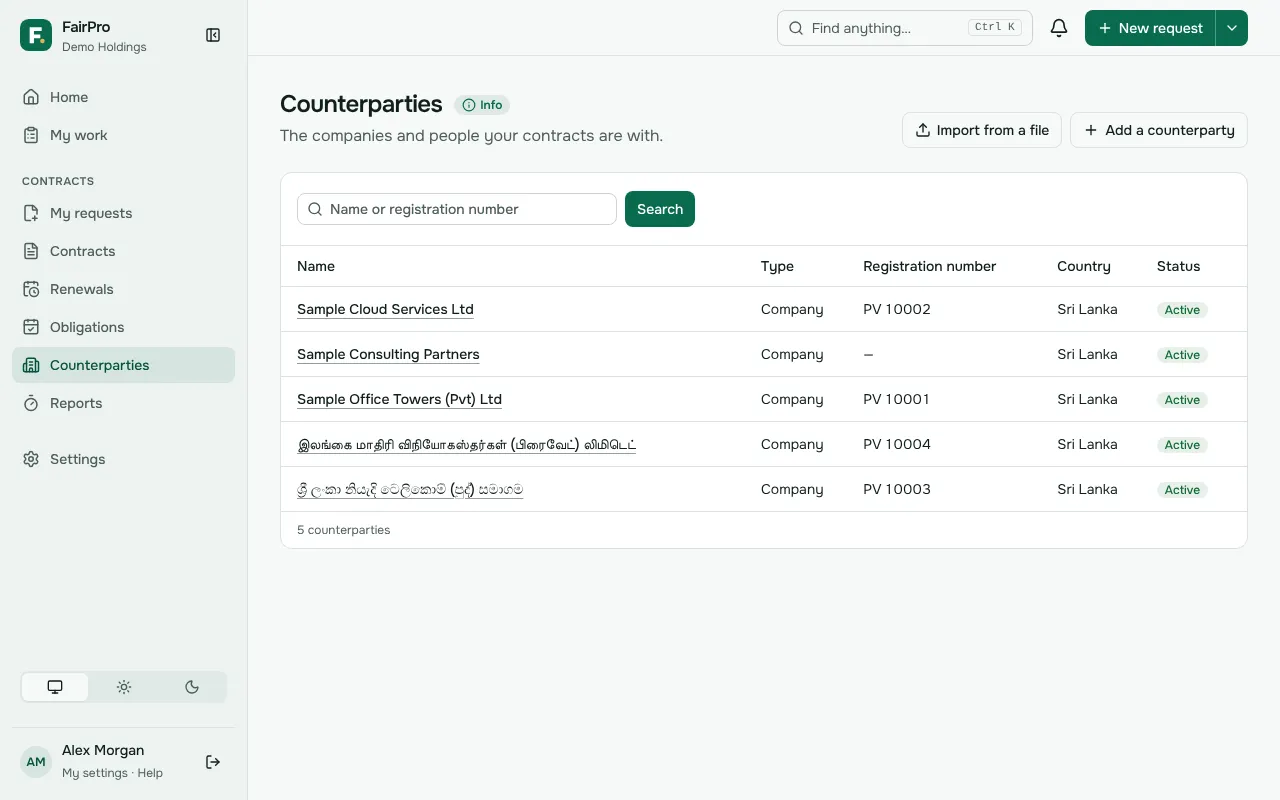 The Counterparties register, with each company’s registration number, country and status