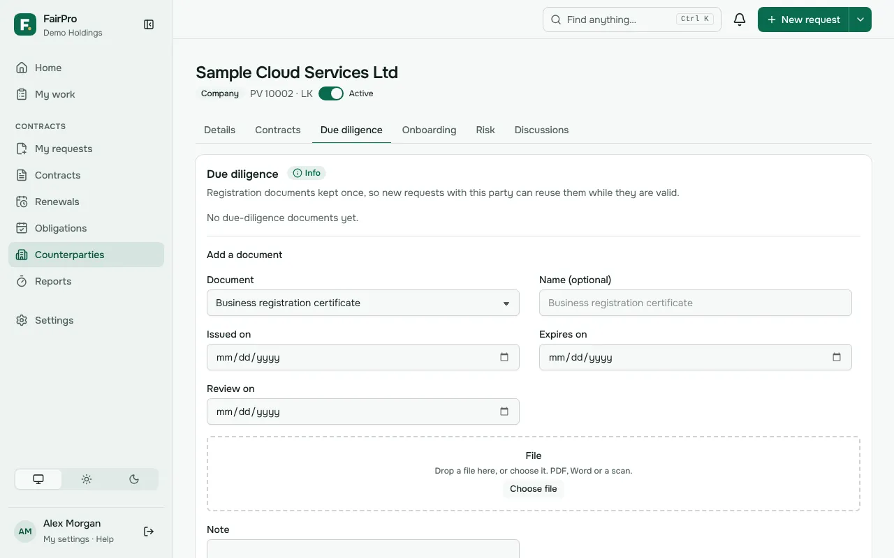 A counterparty’s Due diligence tab, listing its documents and what is missing