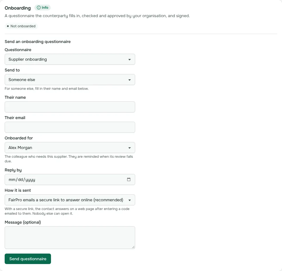 The Onboarding tab of a counterparty, with Send an onboarding questionnaire