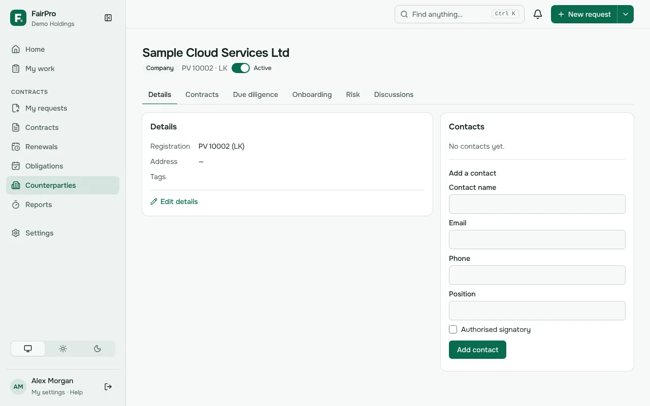 A counterparty’s page, with its details, status and tabs