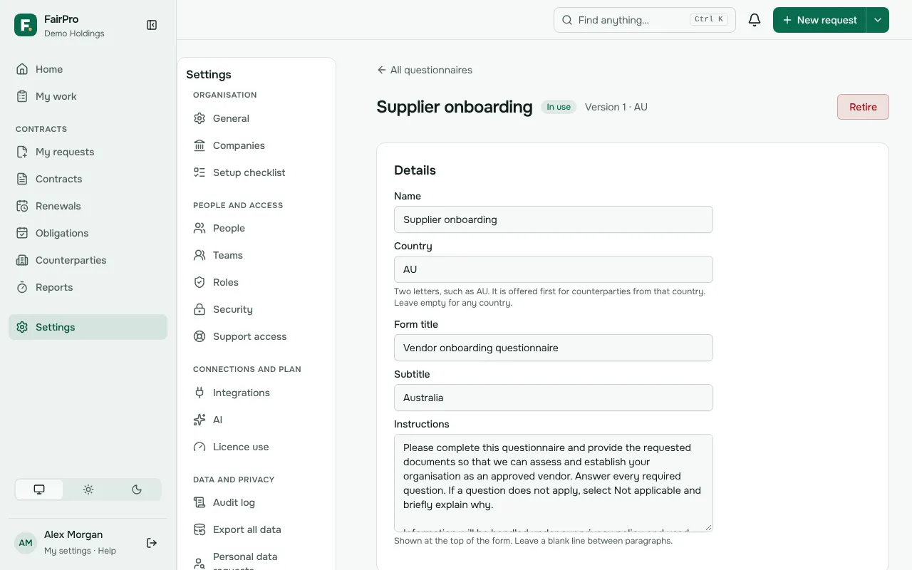 A questionnaire’s page, where you change its details, sections and questions