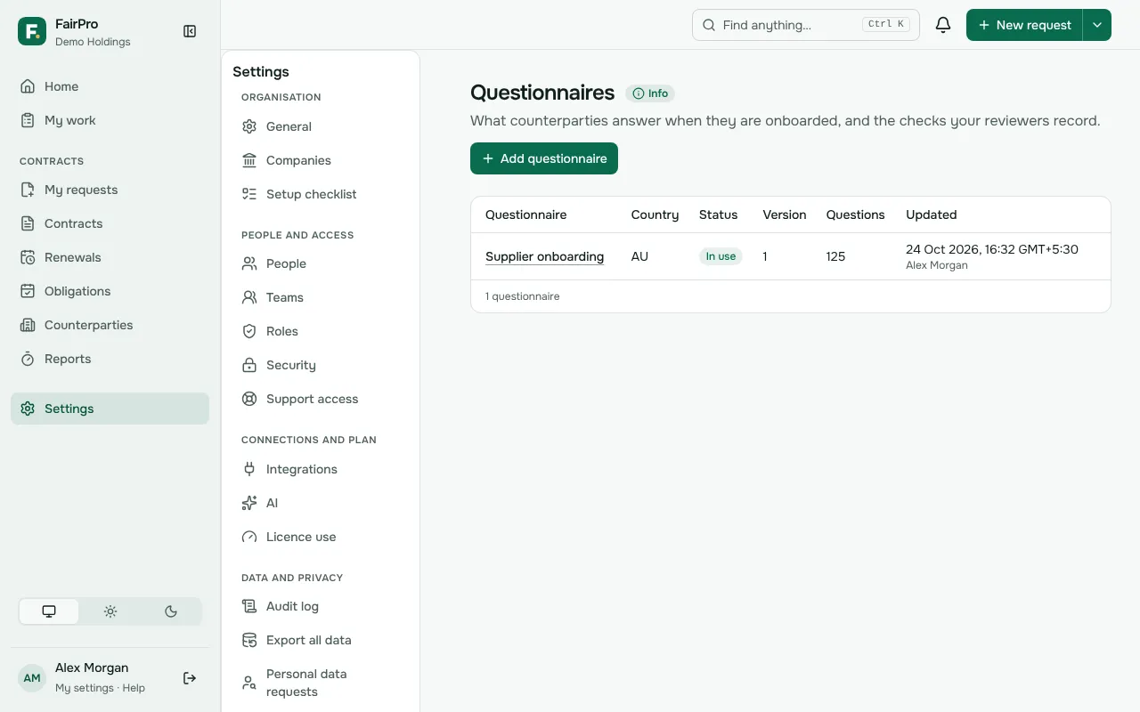 The Questionnaires page, listing each questionnaire with its country and version