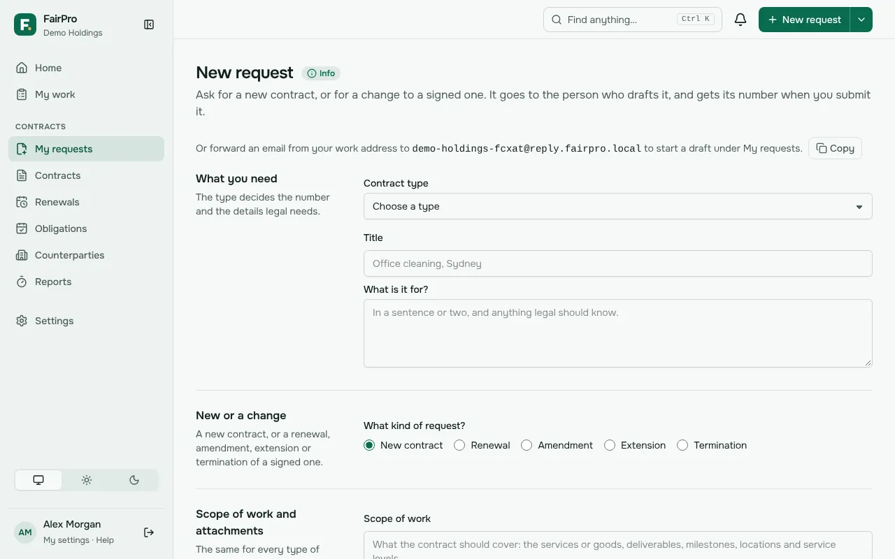 The New request form, with the contract type, the title and what the contract is for