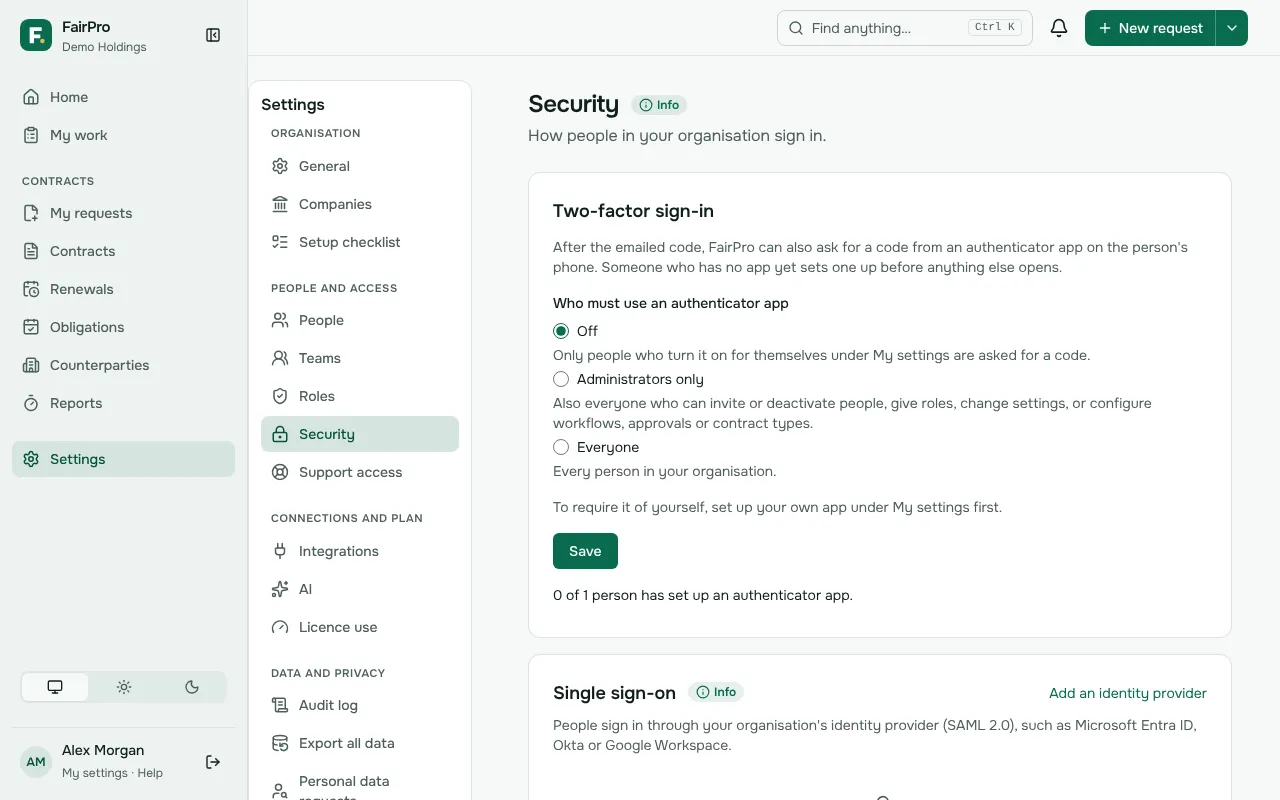 The Security settings, with two-factor sign-in and single sign-on for the organisation
