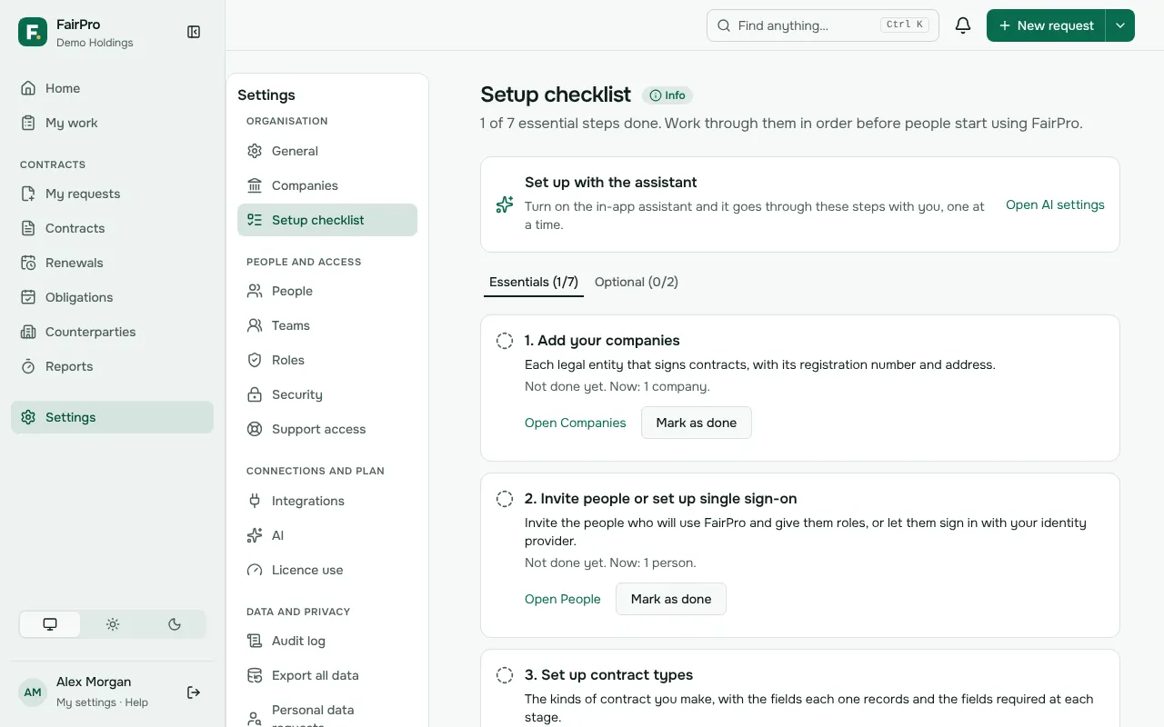 The Setup checklist, with its essential steps and Mark as done