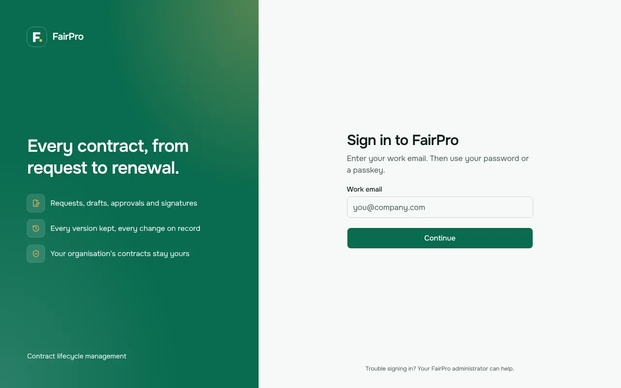 The FairPro sign-in page, asking for your work email